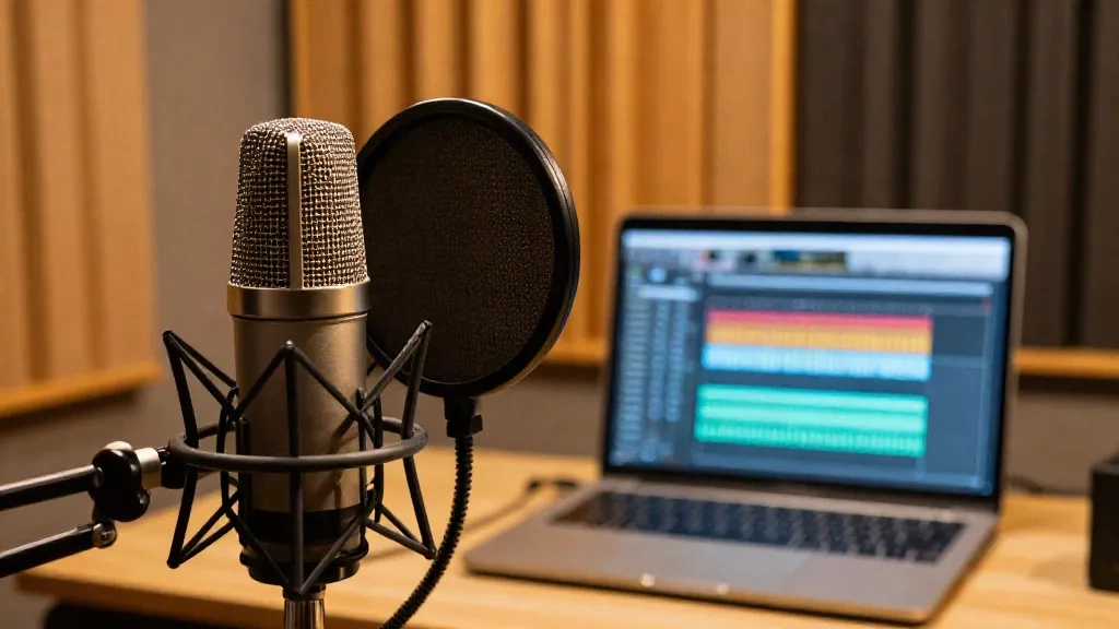 Studio d'enregistrement vocal avec microphone à condensateur et DAW affichant des formes d'onde audio propres après suppression du bruit