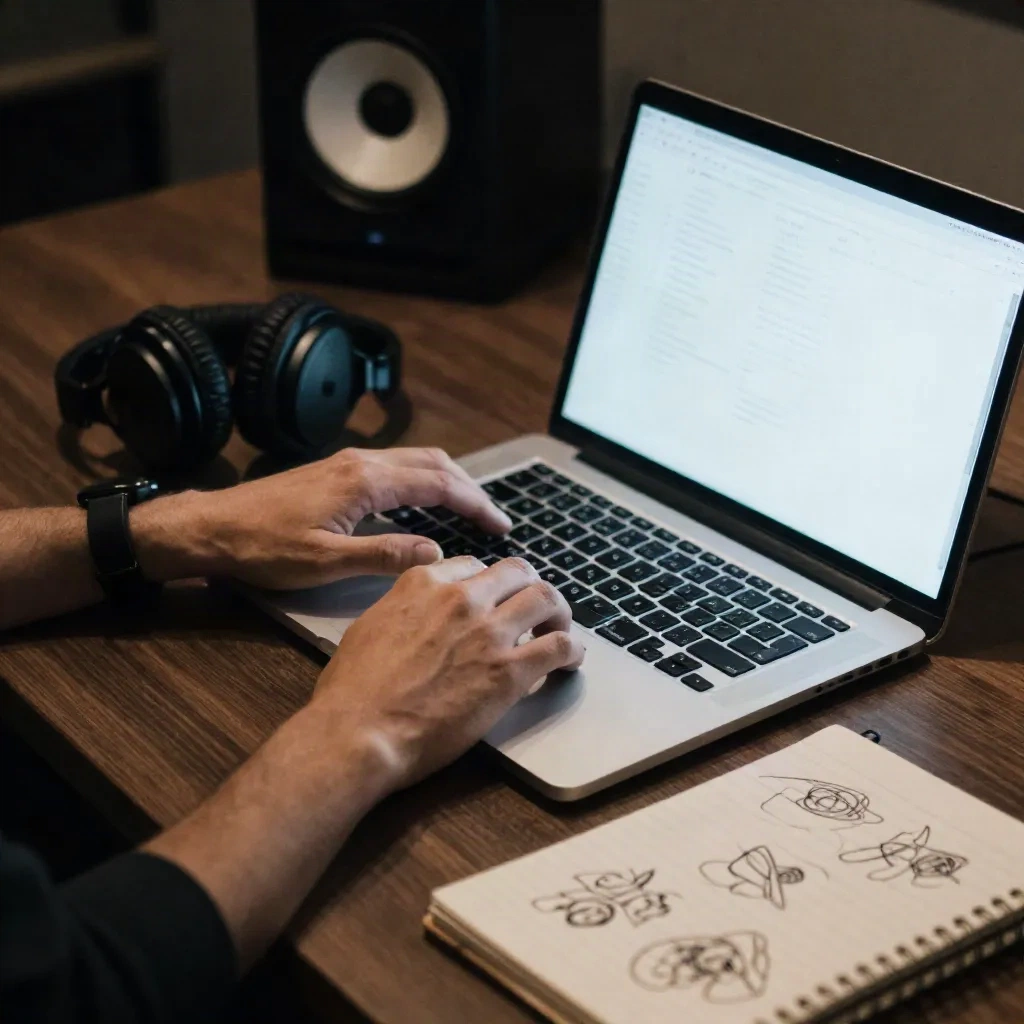 Producer at a laptop with studio headphones and a notebook of sketches
