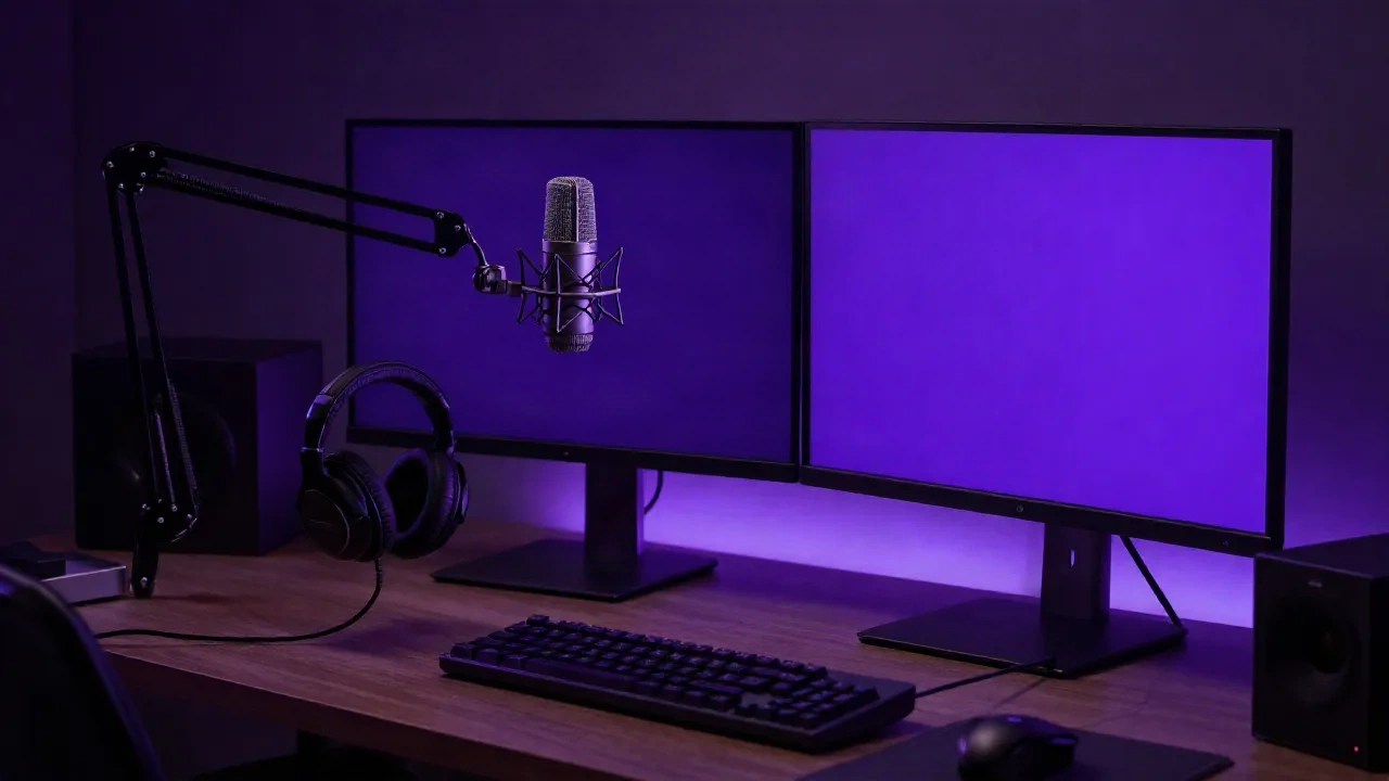 Professional streaming desk setup with audio equipment and purple ambient lighting