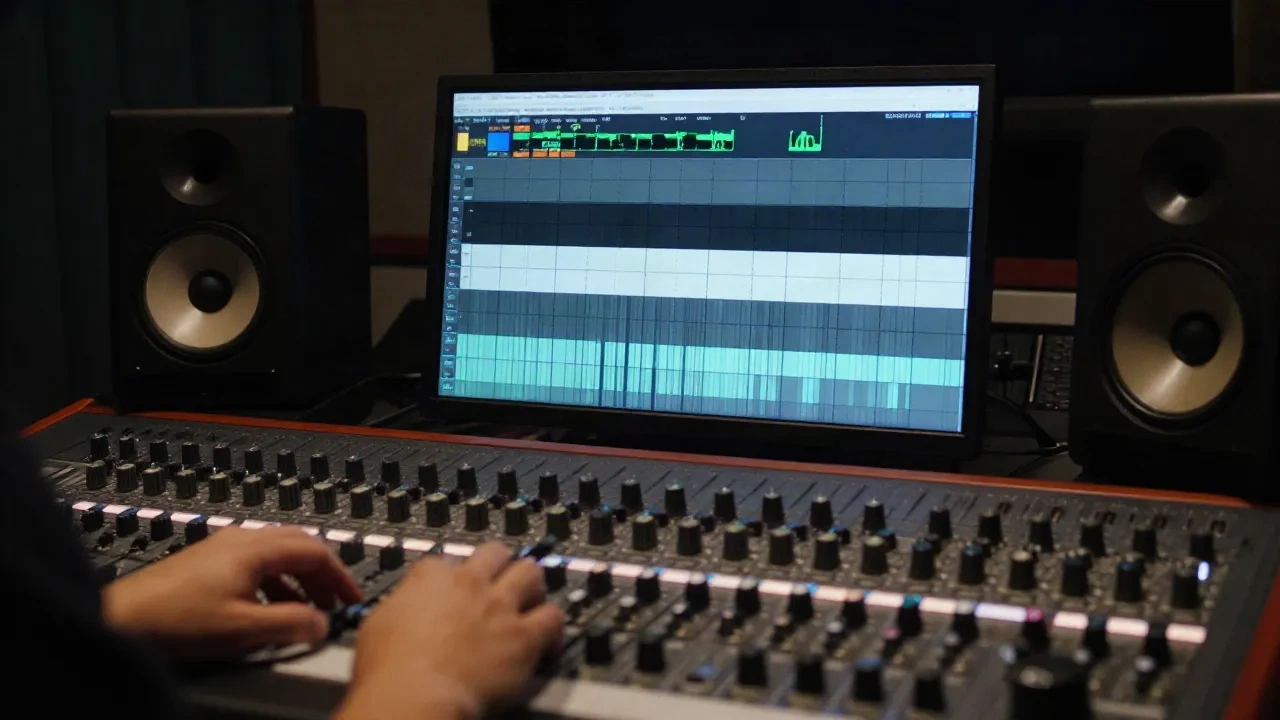 Audio engineer studio console with clean waveform isolation visualization