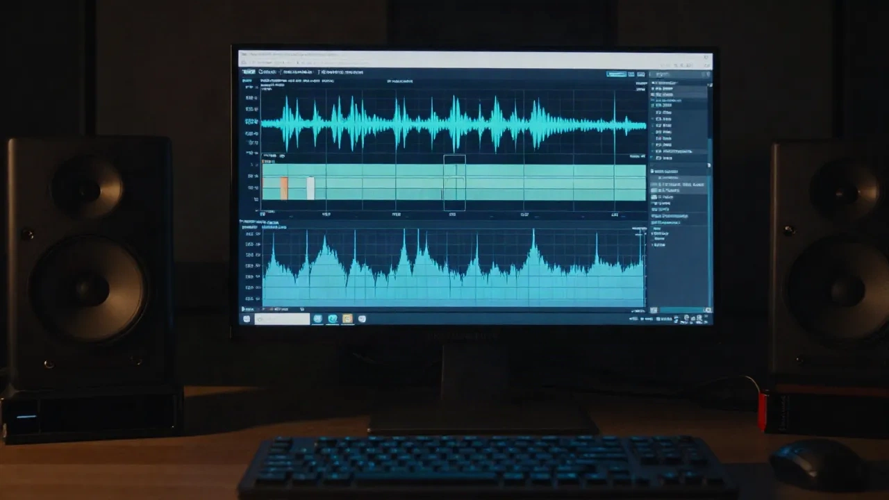 Professionelles Audio-Engineering-Studio mit Frequenzspektrum und Wellenformvisualisierung auf dem Monitor