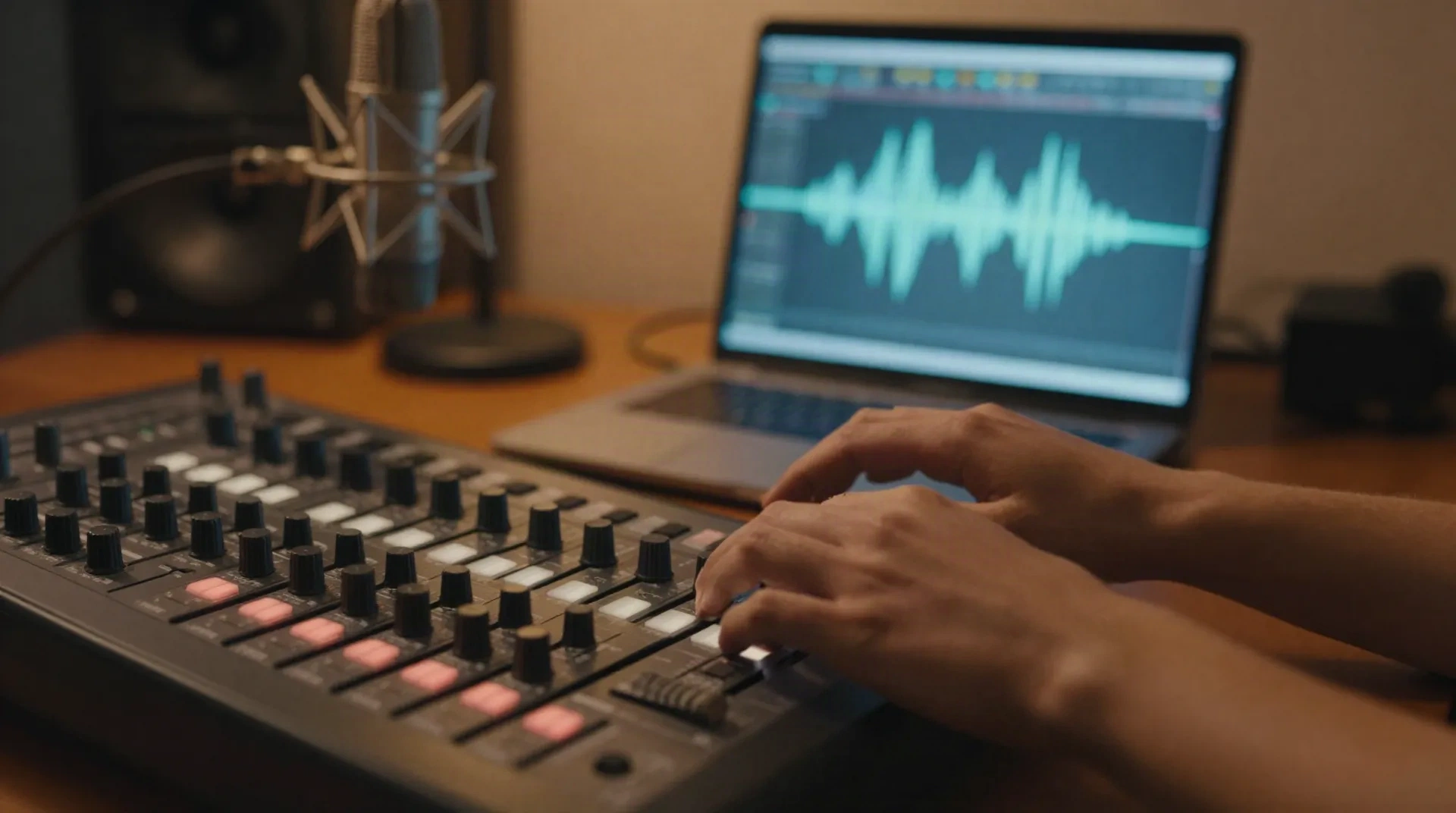 Audio engineer adjusting emotion sliders on a mixing controller with a voice waveform on a laptop screen, home studio at night