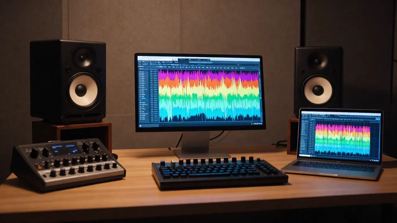 Escritorio de estudio con monitores y una pantalla que muestra una canción dividida en pistas de audio de colores
