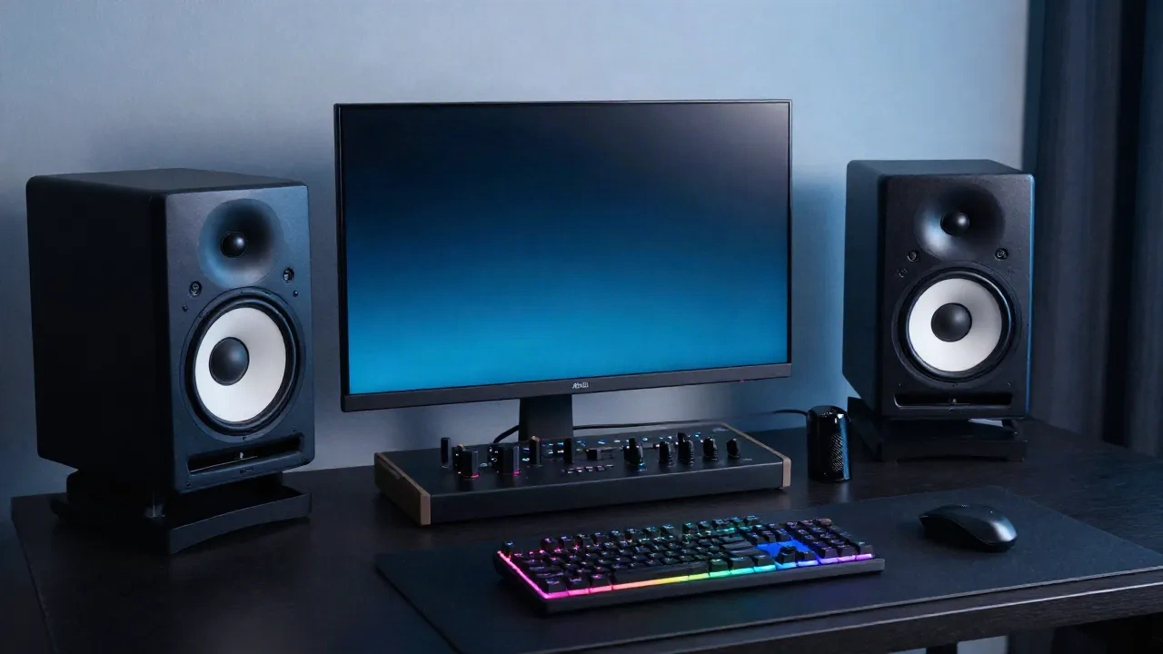 Professional streaming desk setup with audio equipment and purple ambient lighting