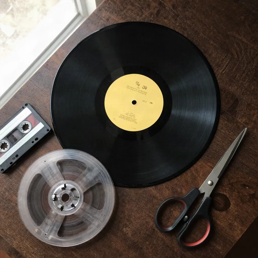Vinyl record, tape reel and scissors on a wooden table, an analogy for cutting a mix apart