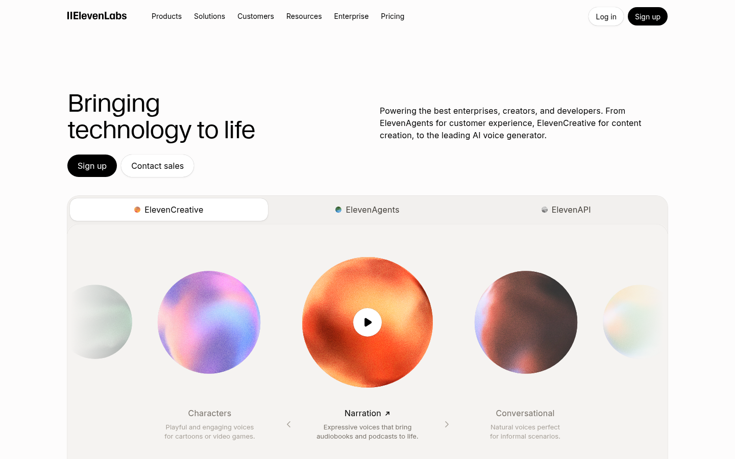 ElevenLabs homepage showing the AI voice generator and voice agents platform