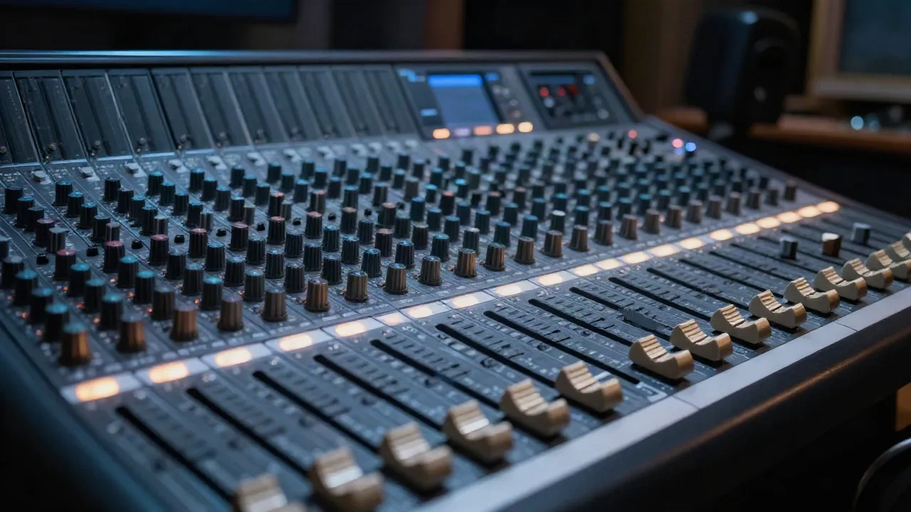 Professionelle Recording Studio Mixing-Konsole mit beleuchteten Fadern in dunkler Studioumgebung