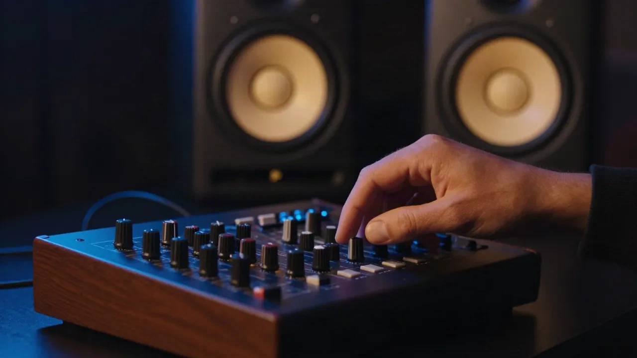 Producer hand adjusting a pitch knob on a hardware sampler in front of studio monitors