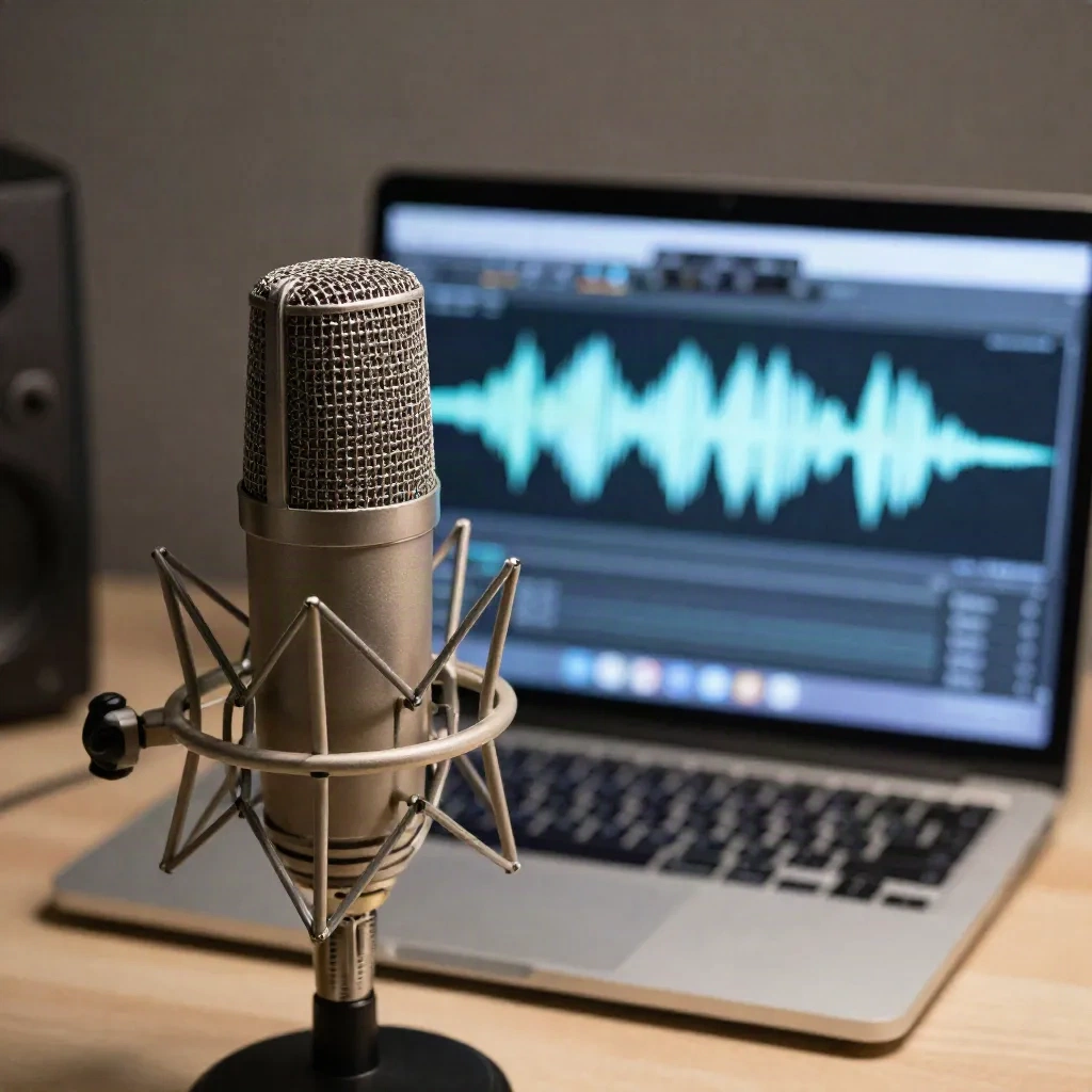 Condenser microphone next to laptop running audio recording software with clean waveform