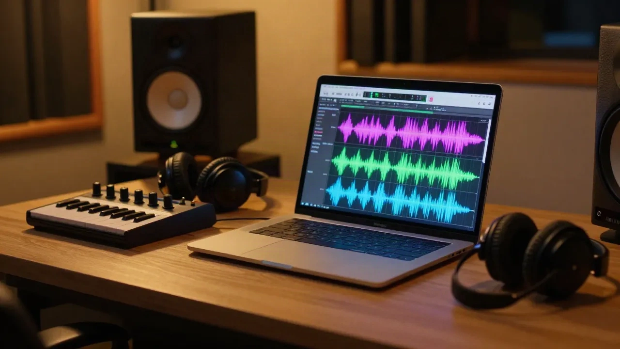 Laptop neben MIDI-Controller und Studio-Monitoren zeigt drei ausgerichtete Audio-Wellenformen in einem warm beleuchteten Home Studio