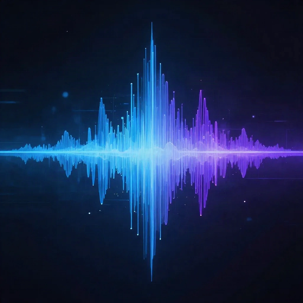 Abstract visualization of AI voice synthesis audio waveform with glowing frequency bands