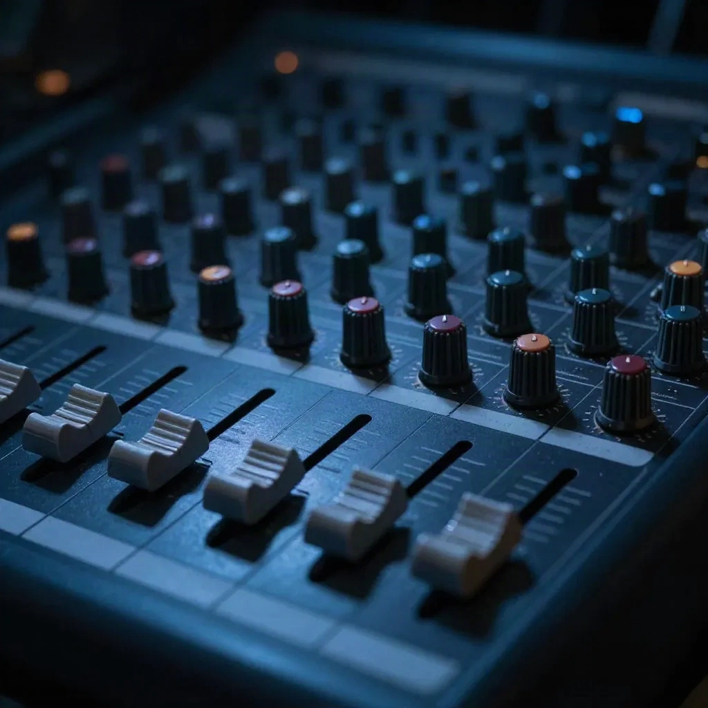 Close-up of a mixing console with pan knobs and faders in a dim studio