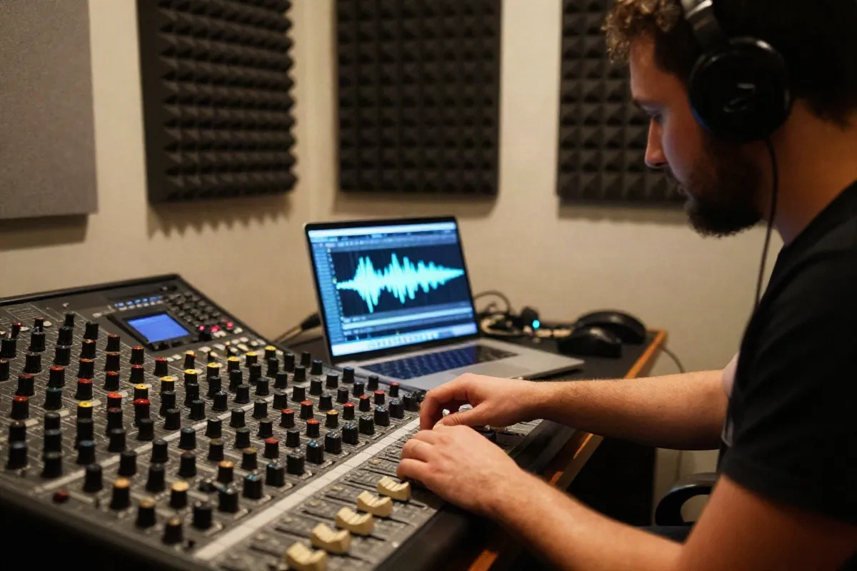 Projektant dźwięku reguluje suwak na konsolecie mikserskiej obok laptopa z widoczną falą audio, studio domowe