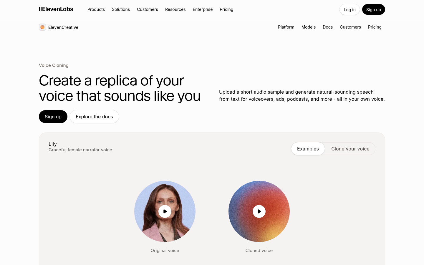 Page produit clonage vocal ElevenLabs décrivant le clonage instantané et professionnel