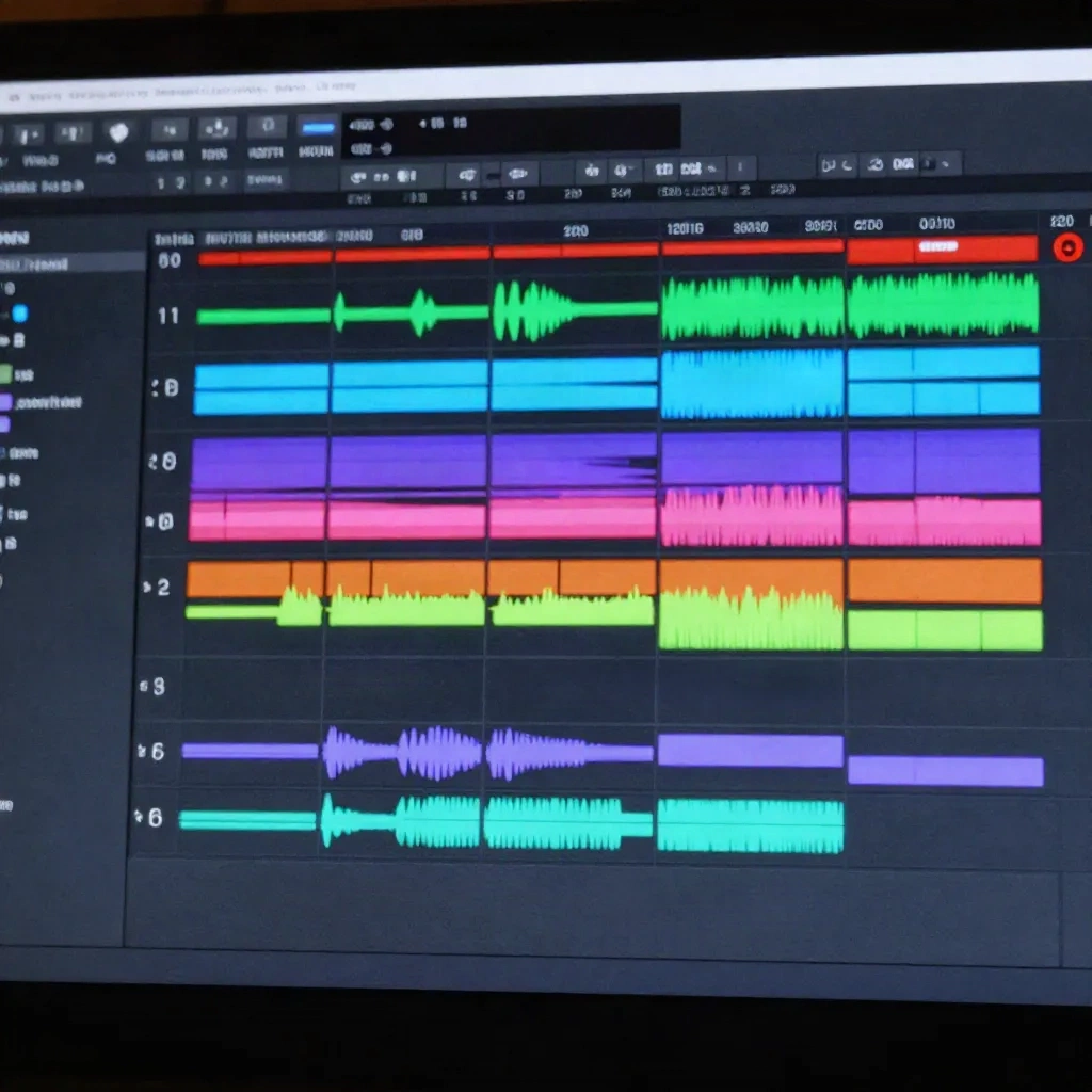 Digital audio workstation showing multiple colored audio tracks in a professional mixing session