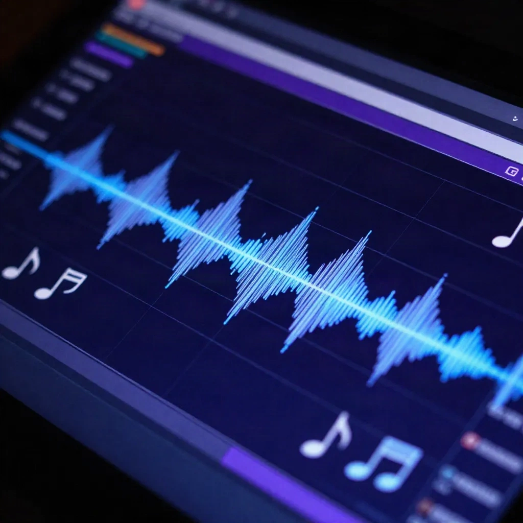 Audio waveforms and digital music interface showing DMCA-safe streaming concepts