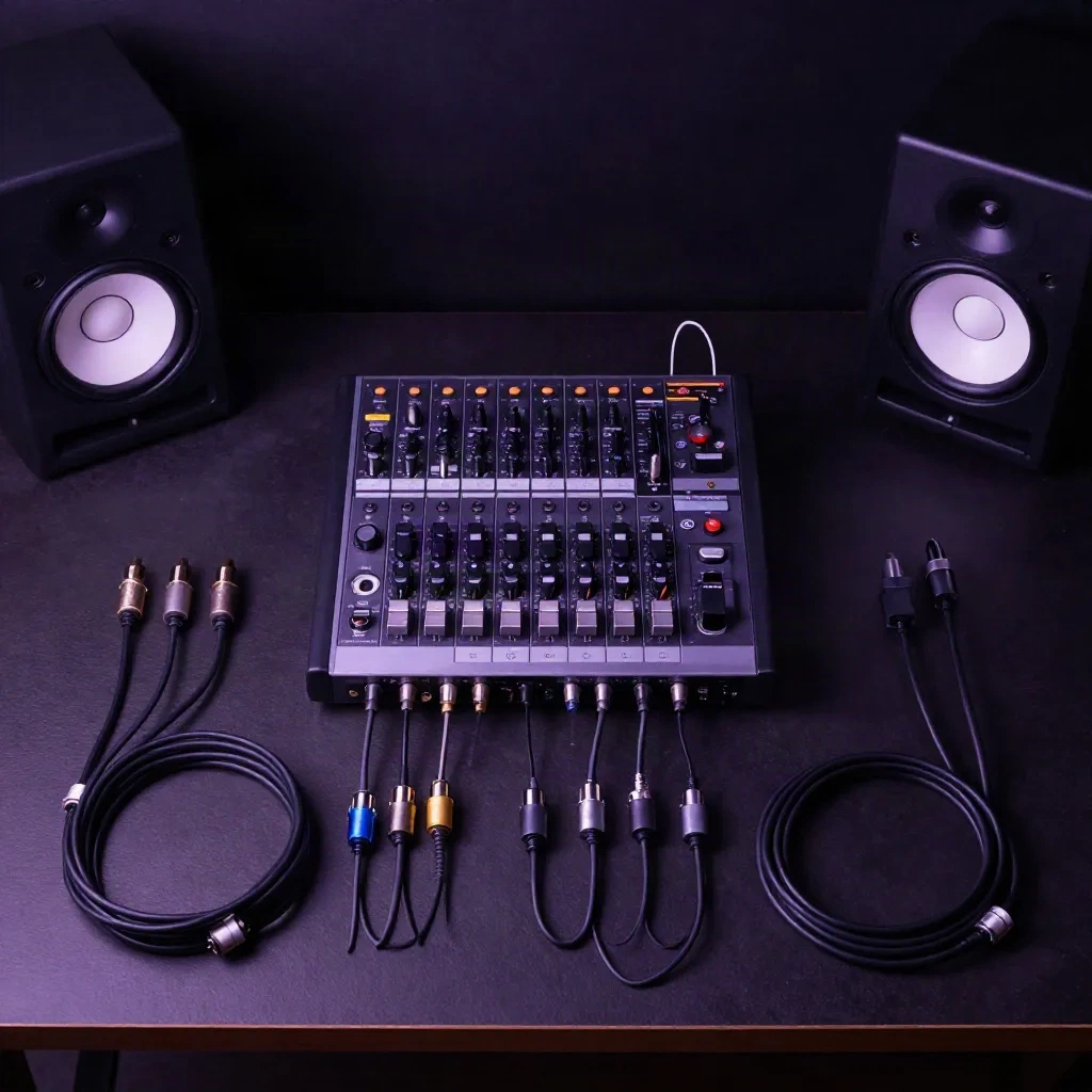Streaming audio equipment laid out including mixer, audio interface, and studio monitors