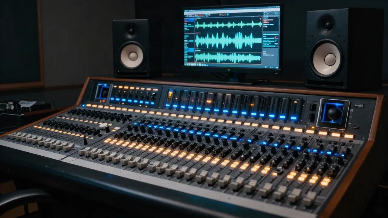 Studio di mastering audio professionale con hardware rack-mount e monitor da studio