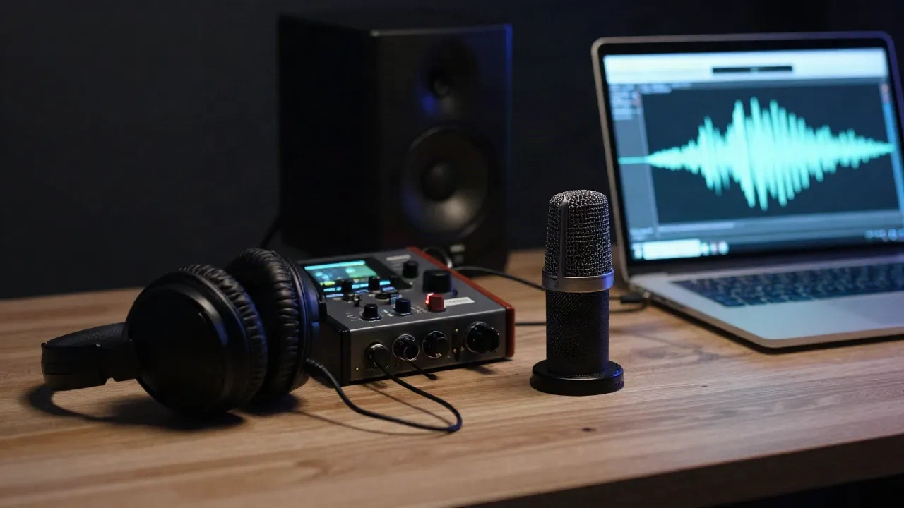 Schreibtisch eines Sounddesigners mit Audiointerface, Kopfhörern, Kondensatormikrofon und Laptop mit Wellenform