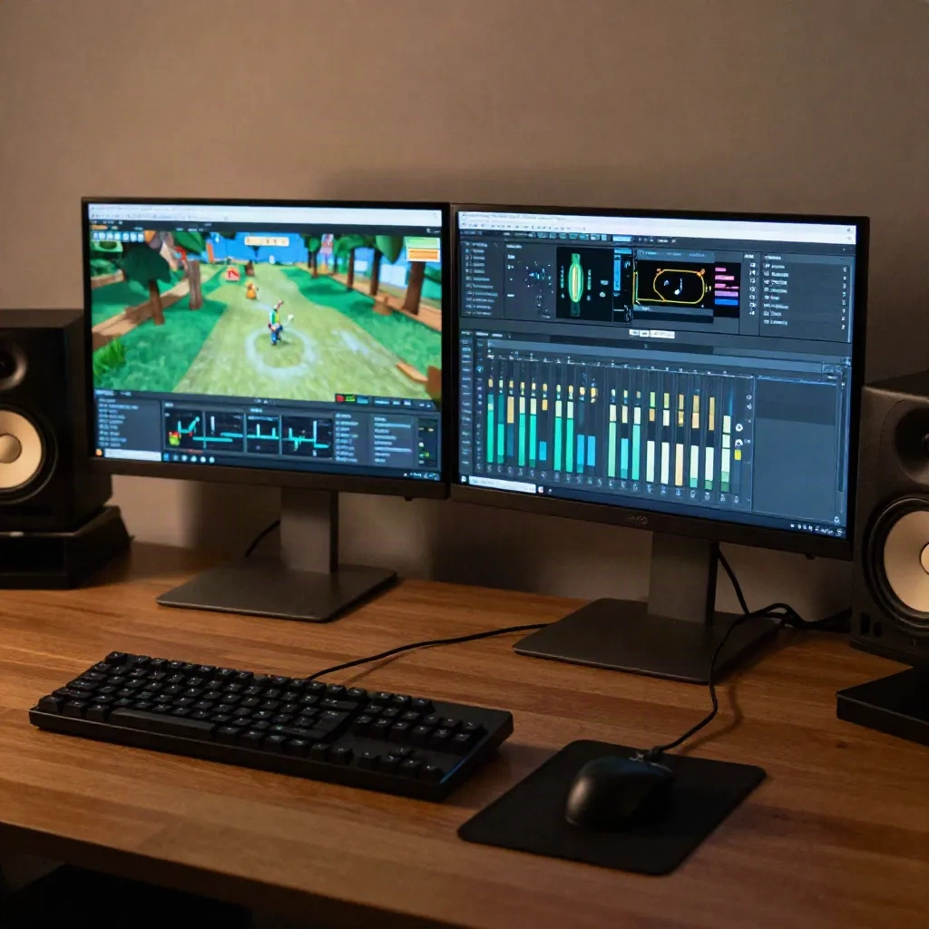 Estação de áudio para jogos com dois monitores, uma fase de jogo e uma janela de mixer ao lado de monitores de estúdio