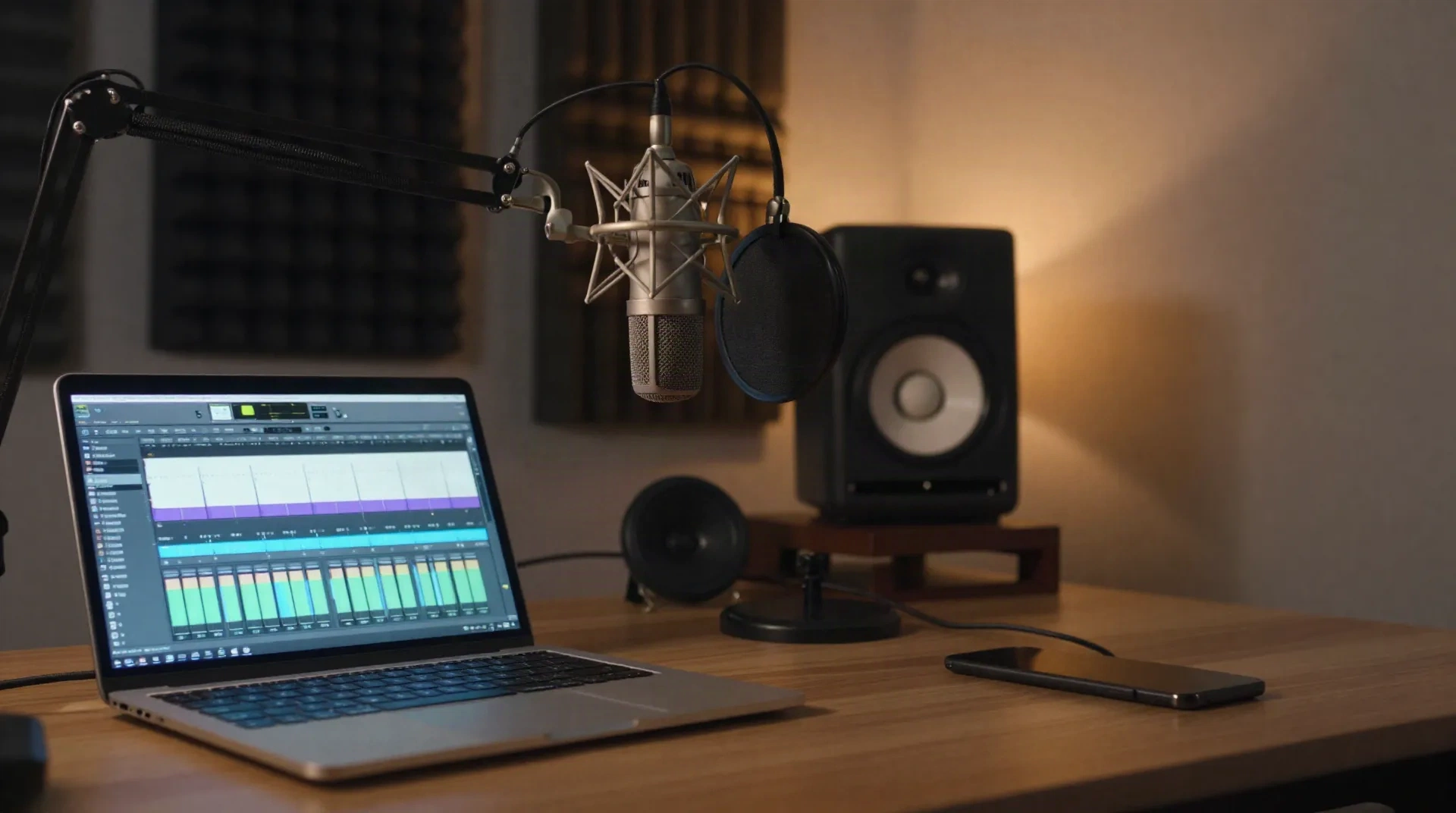 Voice production desk with a condenser microphone, studio monitor and laptop showing a waveform editor