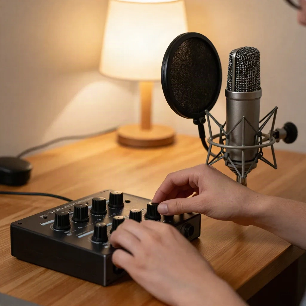 Microphone à condensateur et interface audio posés sur un bureau, dans une lumière chaude