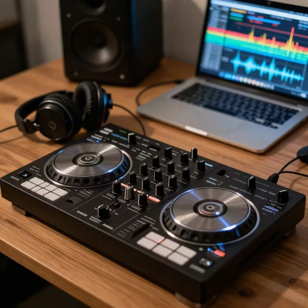 DJ kontrolörü ve kulaklık, dizüstü bilgisayar yanında dalgaformlarını gösteren, tipik bir stem remix kurulumu