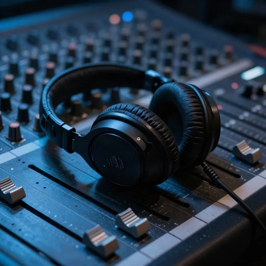 Casque de studio posé sur une console de mixage
