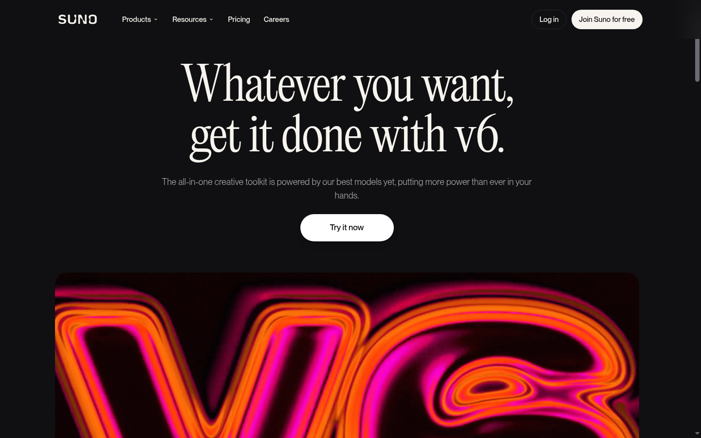 Page produit Suno v6, titre : whatever you want, get it done with v6