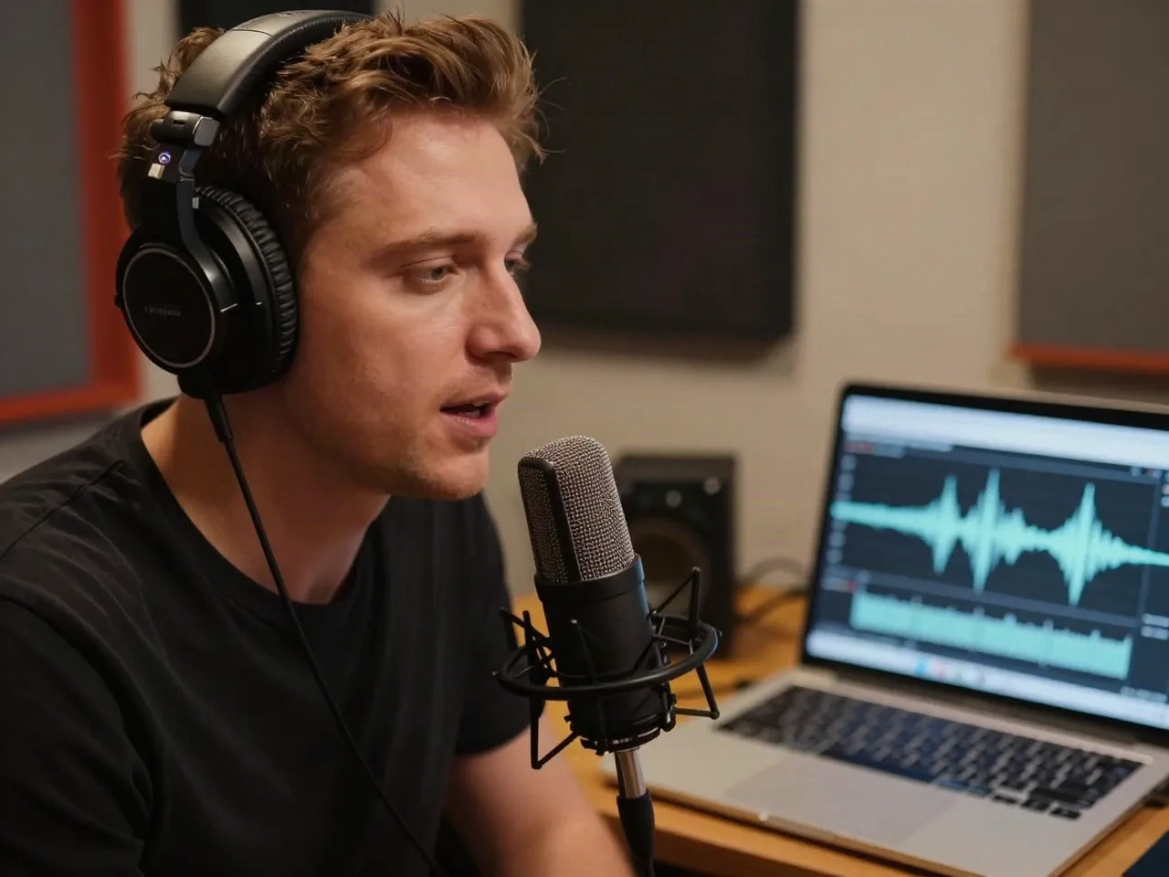Podcaster in headphones recording a voiceover in a home studio with a waveform on the laptop screen