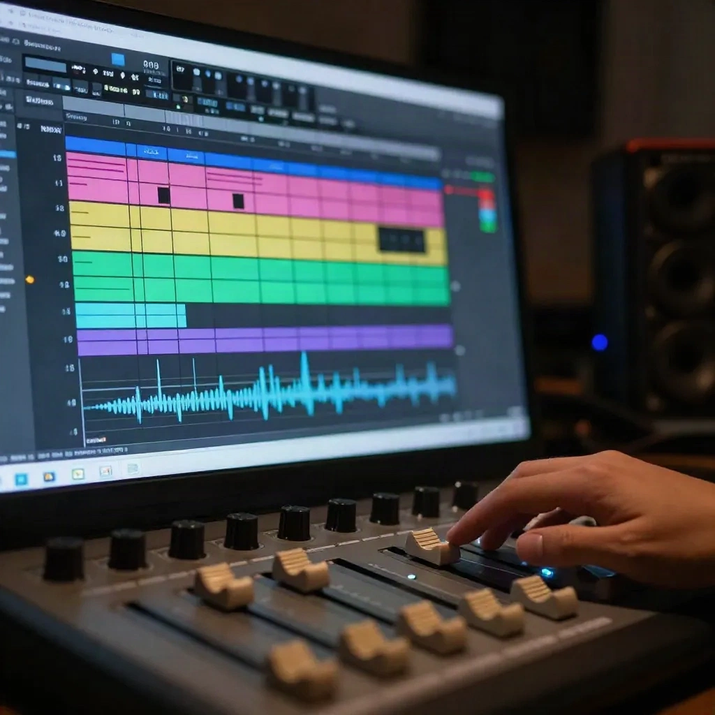 Mão sobre um controlador de faders diante de uma tela de DAW com trilhas de áudio coloridas empilhadas