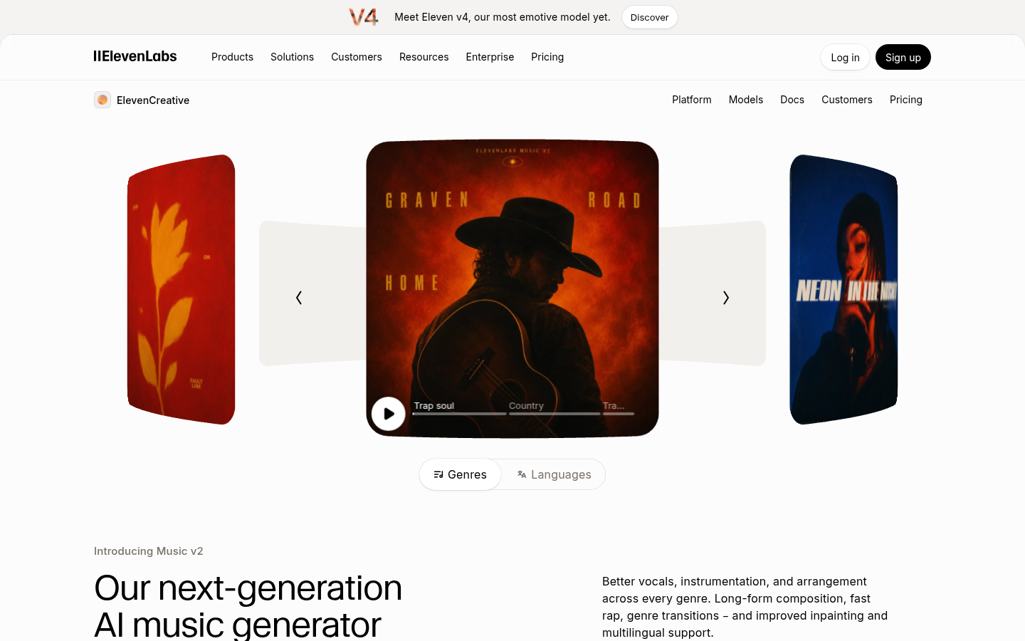 Homepage di ElevenLabs, uno dei sei generatori di musica IA confrontati