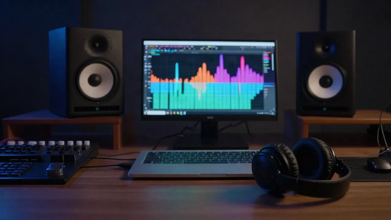Monitores de estudio, portátil con espectrograma y auriculares sobre un escritorio