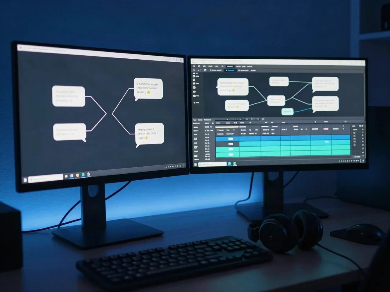 Game audio workstation with two monitors showing a dialogue tree and a multitrack timeline