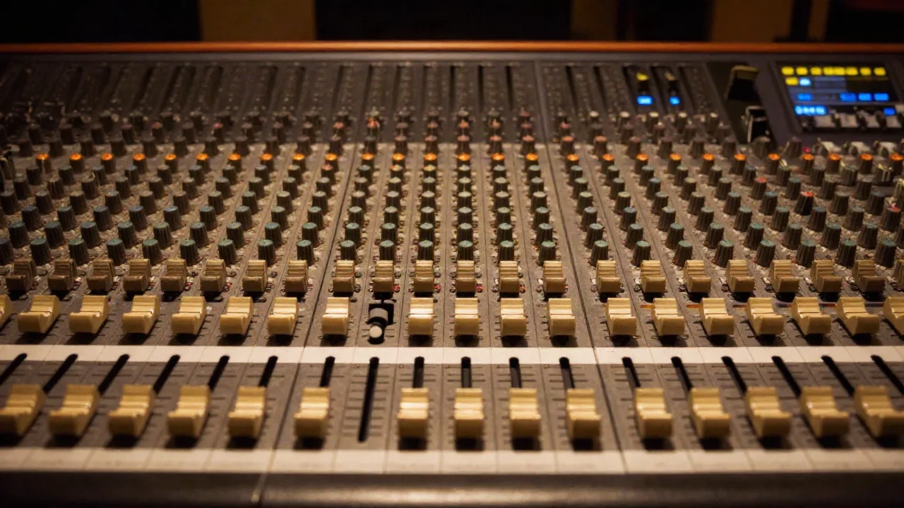 Consola de mezcla analógica con faders agrupados en secciones de subgrupo, el origen hardware de los stems en música