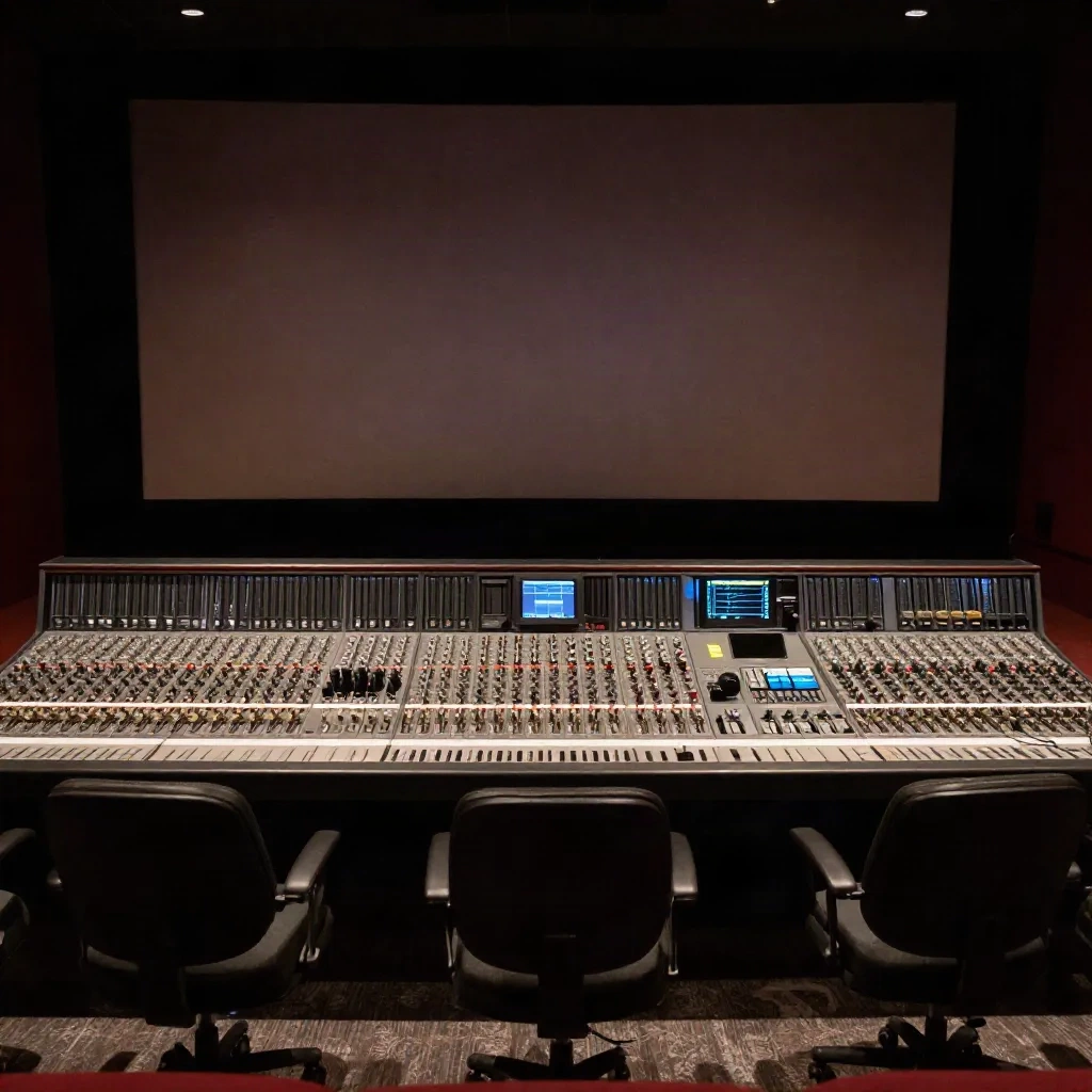 Diyalog, müzik ve efekt stemlerinin dengelendiği büyük bir konsola sahip film yeniden kayıt sahnesi