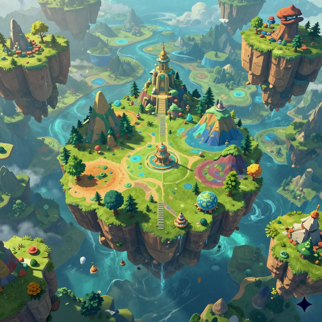 Veduta aerea di un mondo fantasy generato proceduralmente con isole fluttuanti e biomi colorati