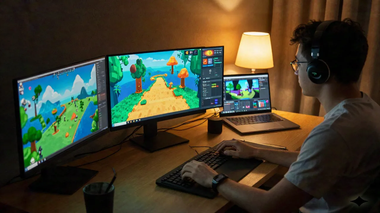 Game designer indipendente circondato da schermi di mondi generati dall'IA di notte