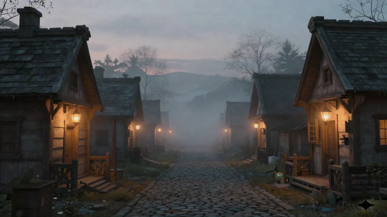 Vilaggio fantasy nebuloso al tramonto, scena di establishing shot cinematografica generata da IA