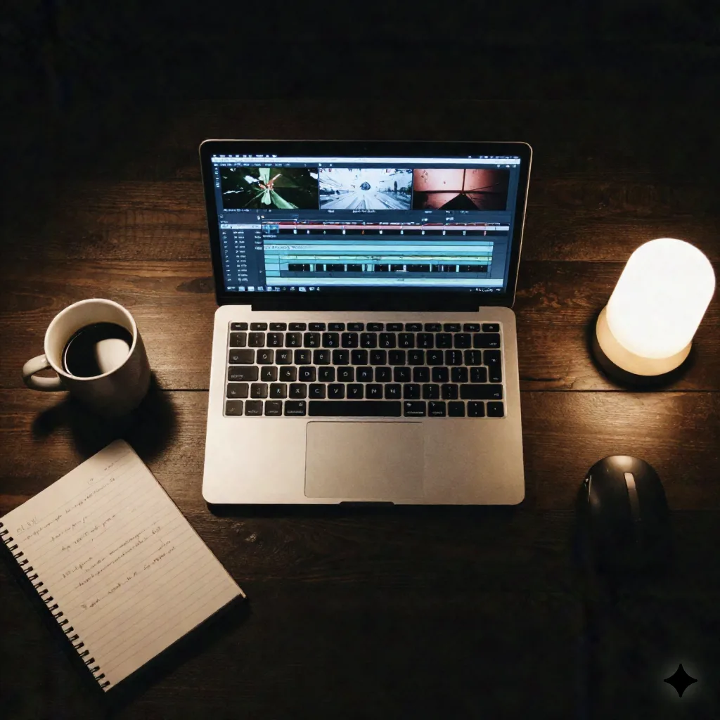 Overhead flat-lay of a video editor desk at night with laptop timeline