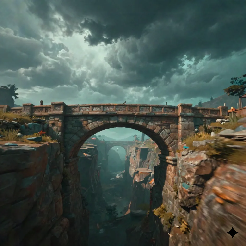 Stone bridge crossing a chasm in a generated fantasy world, storm clouds