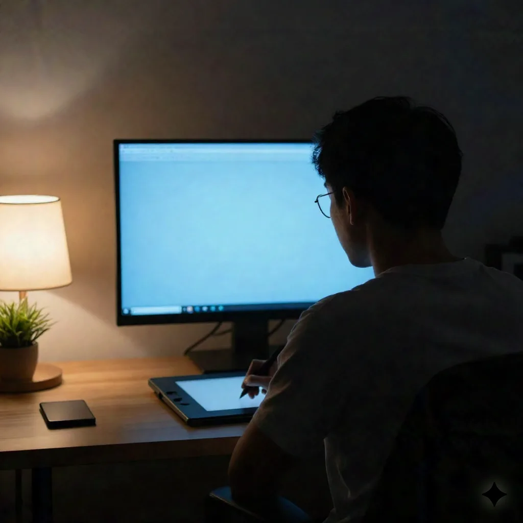 Solo creator silhouetted at a home studio desk at night, monitor glow