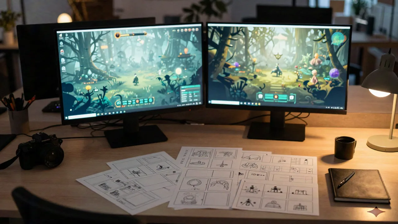 Schreibtisch eines Indie-Entwicklers in der Abenddämmerung mit einer leuchtenden Spielwelt auf dem Monitor und leeren Storyboard-Karten für einen Trailerdreh