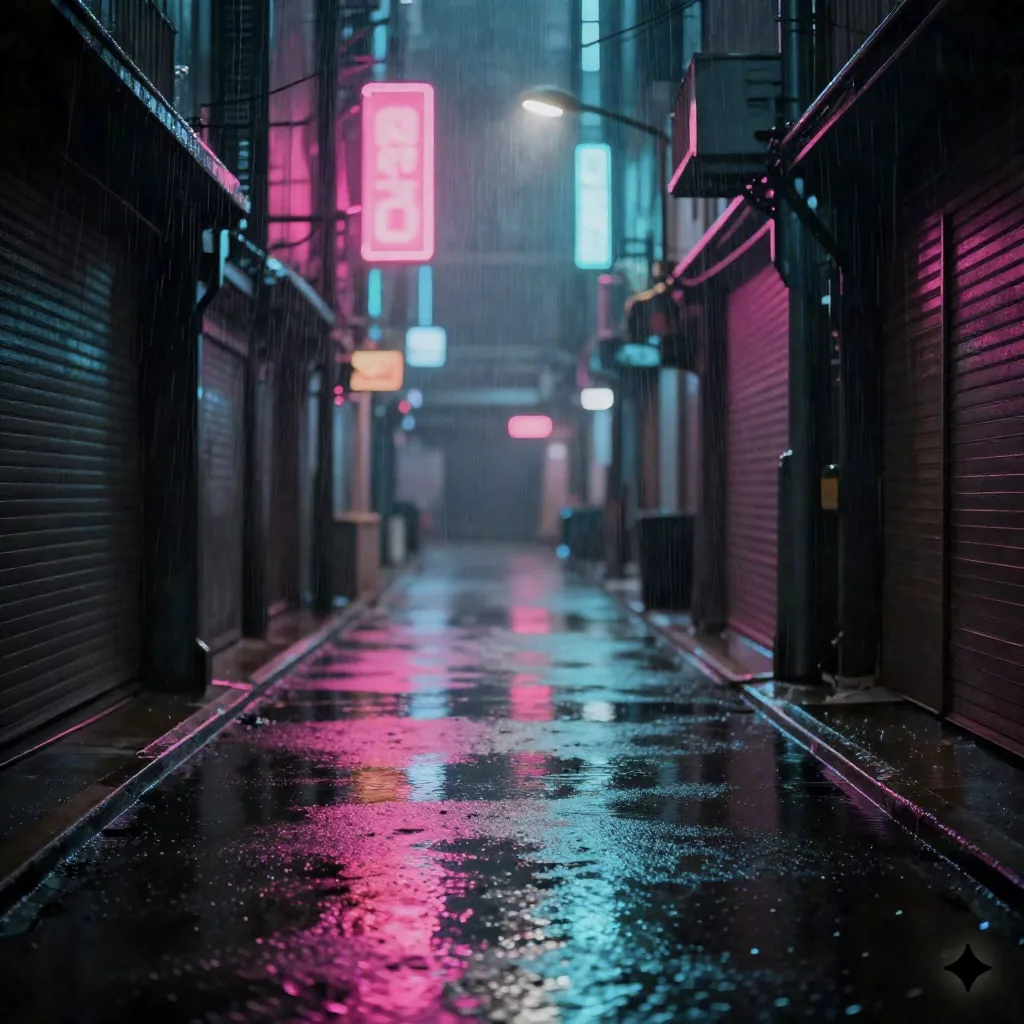 Rain-slicked neon alley in a generated cyberpunk world