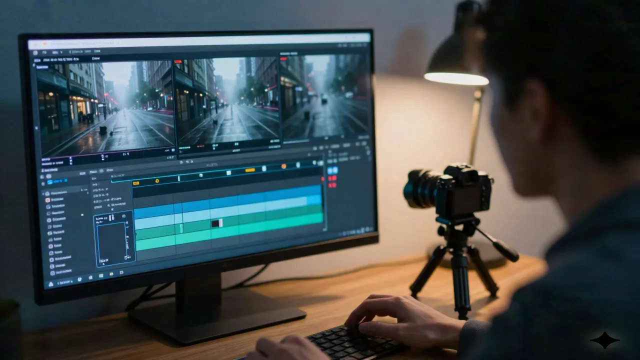 Video editor cutting b-roll footage of a foggy street scene, camera and tripod resting on the desk nearby