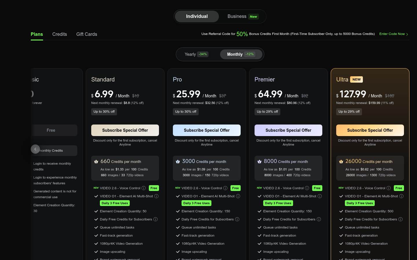 Kling AI membership and credit plan dashboard
