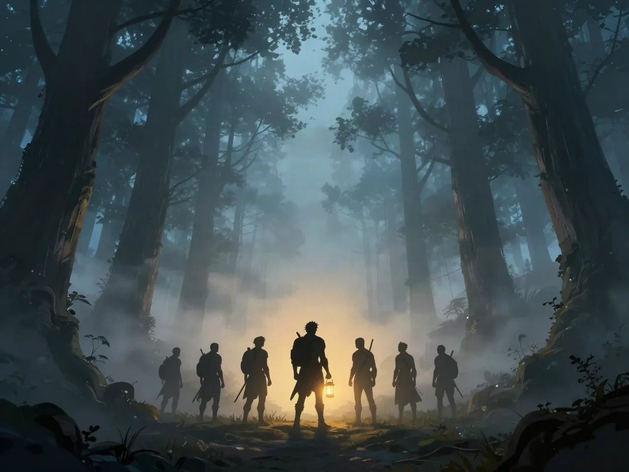 Silhouetted adventurers at the edge of a mist-covered fantasy forest at dawn, one holding a lantern
