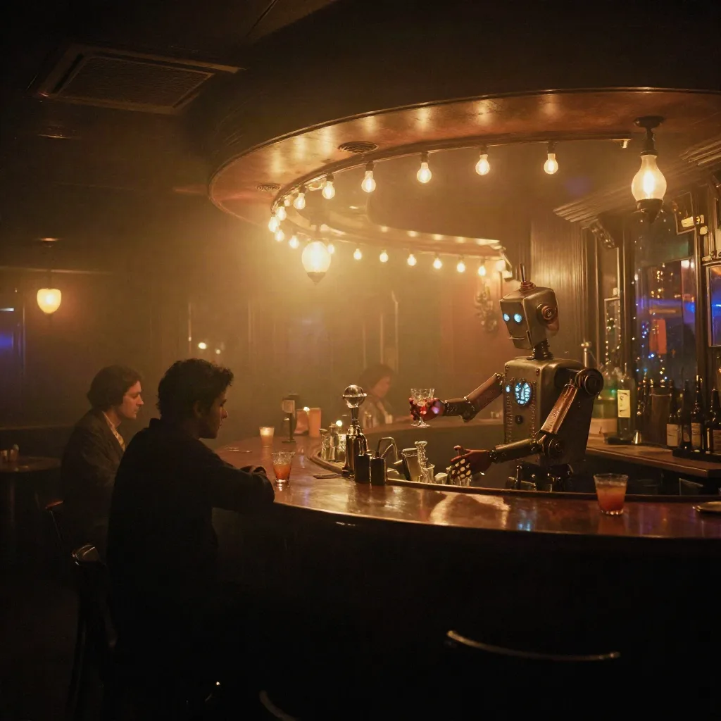 AI-generated cinematic still of a foggy 1920s jazz club with a robot bartender