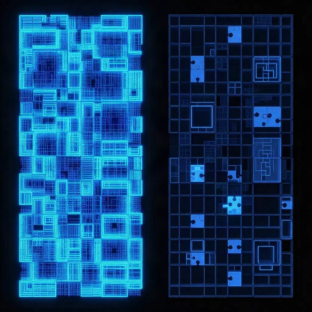 Visualization of Perlin noise and Wave Function Collapse algorithms assembling procedural game levels
