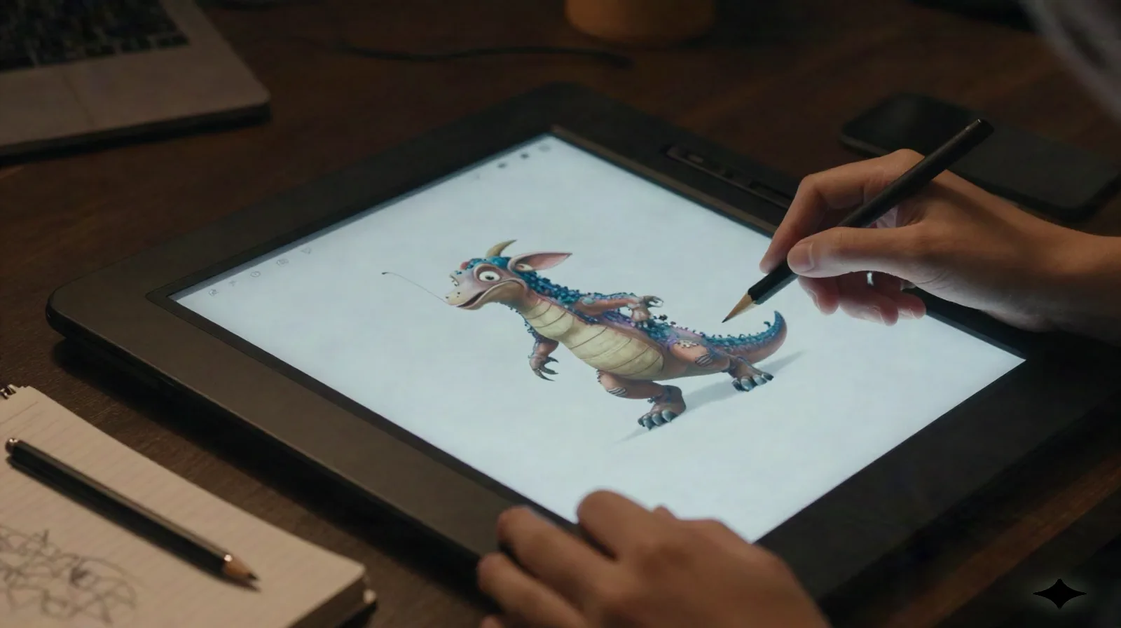 Creator adjusting a tablet showing a 3D generated creature mid motion-test loop